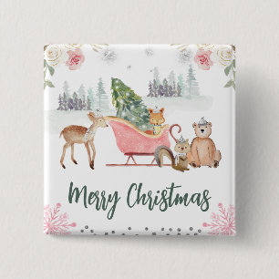 Watercolor Woodland Animals Floral Christmas 15 Cm Square Badge