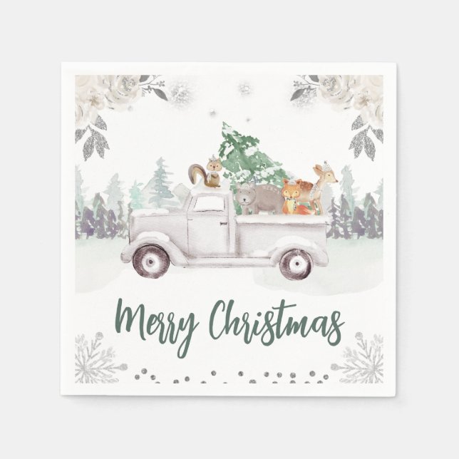 Watercolor Woodland Animals Floral Christmas Napkin (Front)