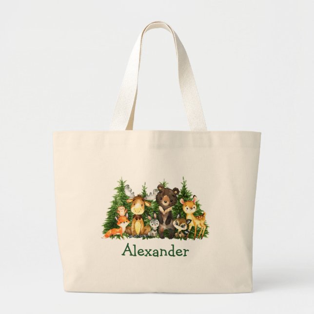 Watercolor Woodland Animals Forest Trees Large Tote Bag (Front)