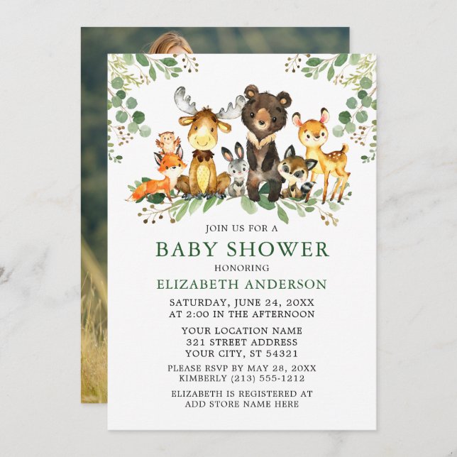 Watercolor Woodland Animals Greenery Shower Photo Invitation (Front/Back)