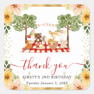 Watercolor Woodland Animals Picnic Birthday Square Sticker
