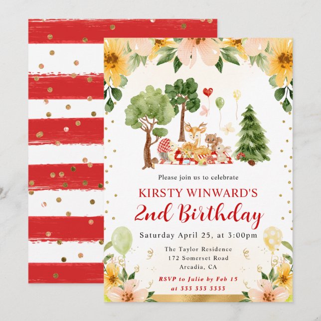 Watercolor Woodland Animals Picnic Kids Birthday Invitation (Front/Back)