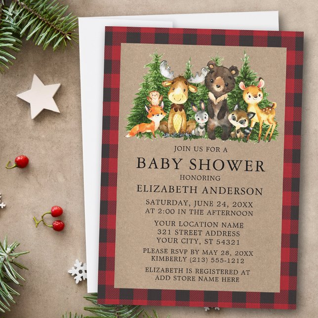 Watercolor Woodland Animals Rustic Baby Shower Invitation (Customize to change text size or text style.)