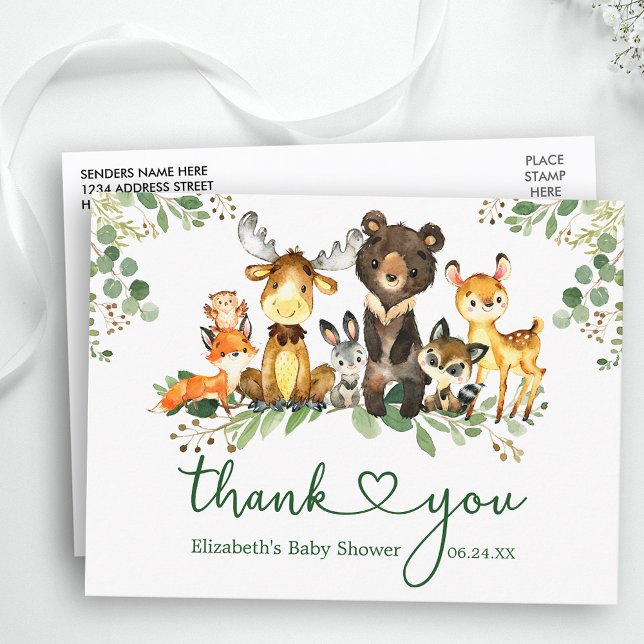 Watercolor Woodland Animals Shower Thank You Heart Postcard (Customize to change text size, color or text style.)
