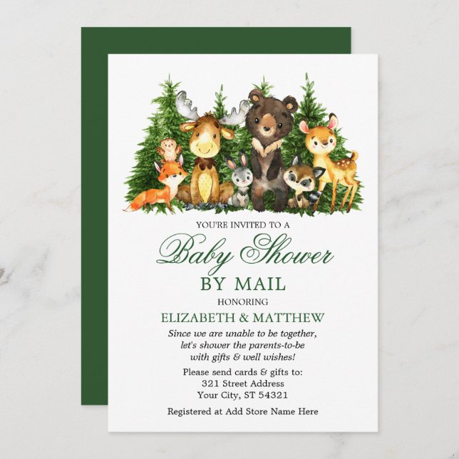 Watercolor Woodland Animals Trees Shower By Mail Invitation (Front/Back)