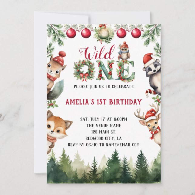 Watercolor Woodland Animals Wild One 1st Birthday Invitation (Front)