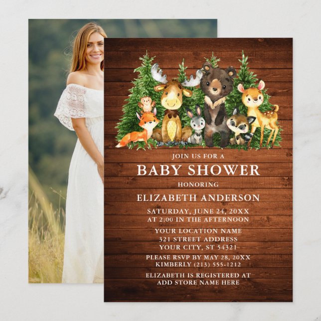 Watercolor Woodland Animals Wood Shower Photo Invitation (Front/Back)
