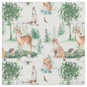 Watercolor Woodland Baby Animal Pattern Fabric