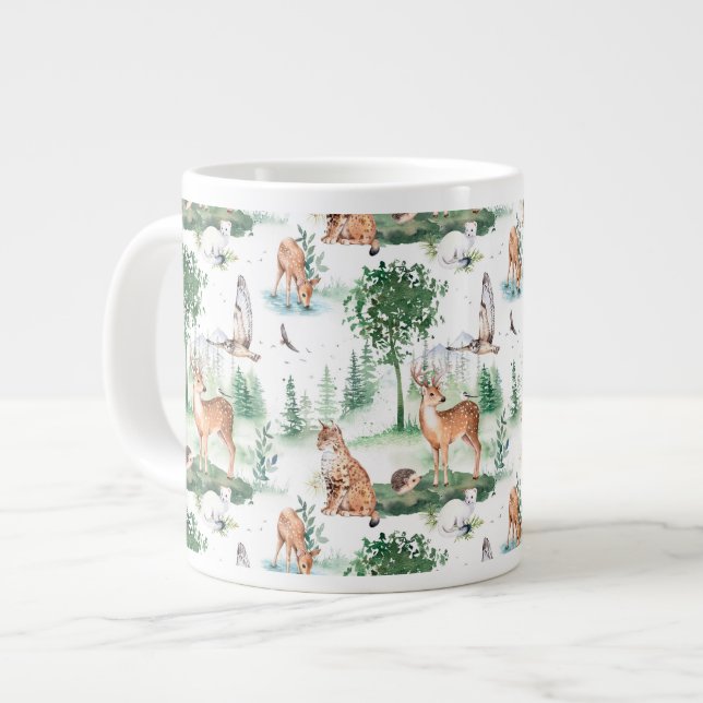 Watercolor Woodland Baby Animal Pattern Large Coffee Mug (Front Left)
