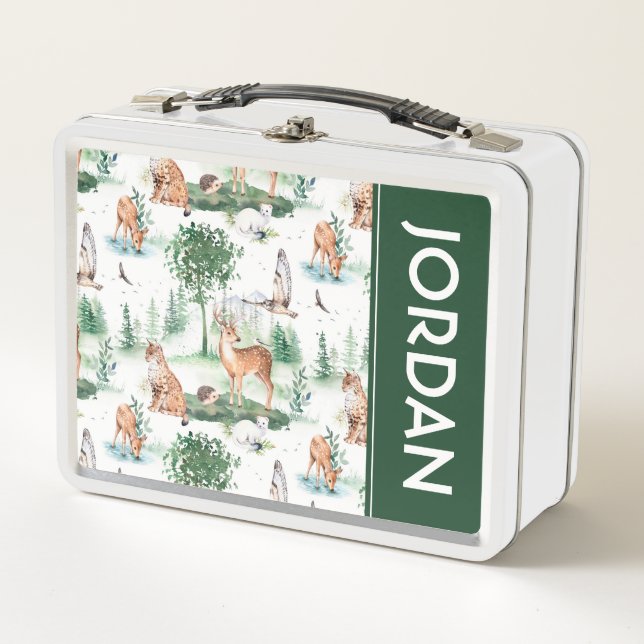 Watercolor Woodland Baby Animal Pattern Metal Lunch Box (Front)