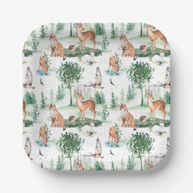 Watercolor Woodland Baby Animal Pattern Paper Plate (Front)