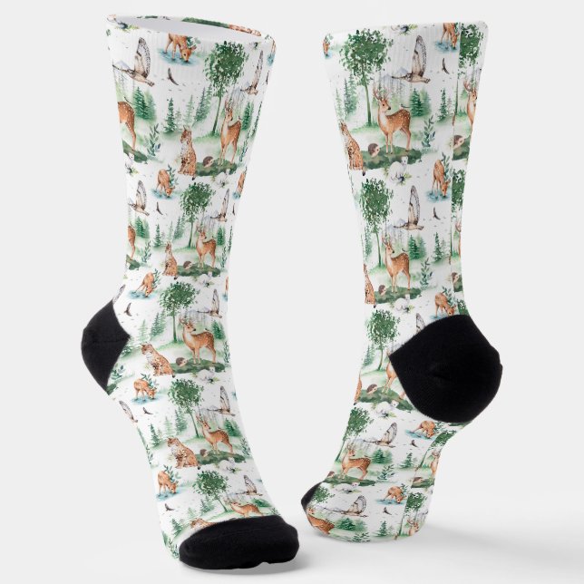Watercolor Woodland Baby Animal Pattern Socks (Angled)