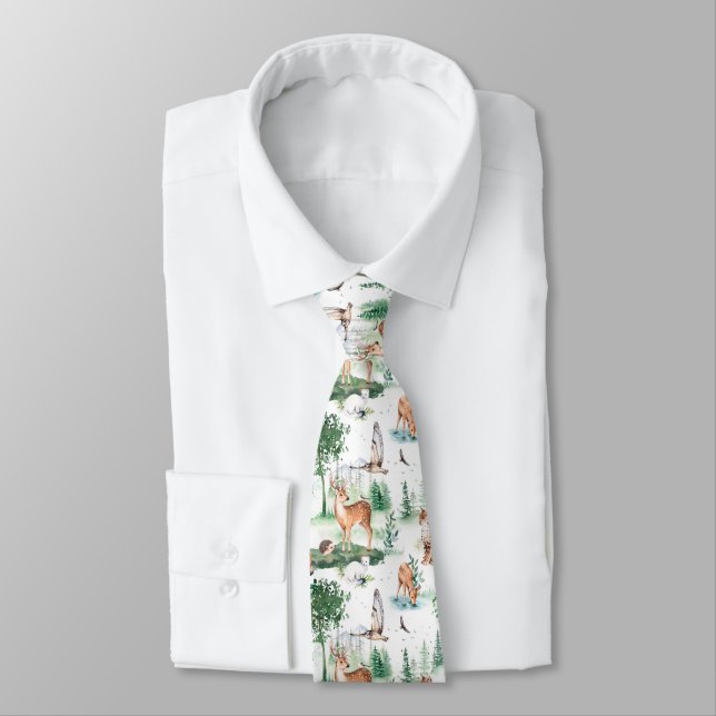 Watercolor Woodland Baby Animal Pattern Tie (Tied)