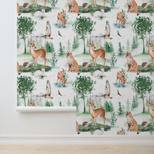 Watercolor Woodland Baby Animal Pattern Wallpaper