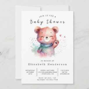 Watercolor Woodland Bear Baby Shower Invitation