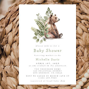 Watercolor Woodland Bear Baby Shower Invitation