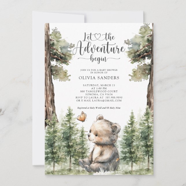 Watercolor Woodland Bear Baby Shower Invitation (Front)