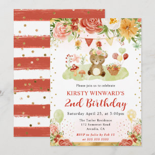 Watercolor Woodland Bear Kids Birthday Invitation