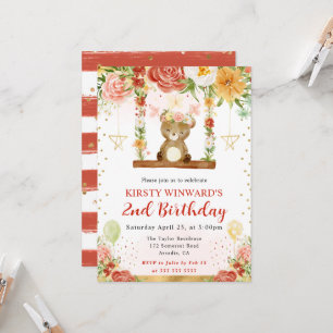 Watercolor Woodland Bear Kids Birthday Invitation