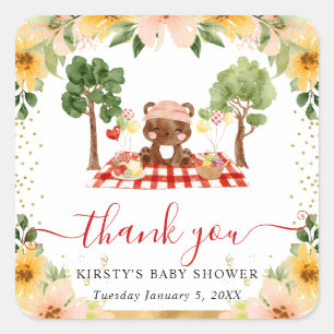 Watercolor Woodland Bear Picnic Baby Shower Square Sticker