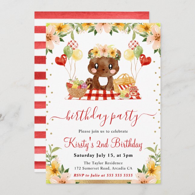 Watercolor Woodland Bear Picnic Birthday Invitation (Front/Back)