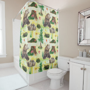 Watercolor Woodland bear with a bear cub Shower Curtain