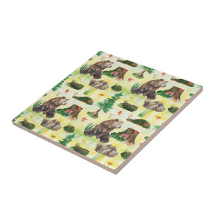 Watercolor Woodland bear with a bear cub Tile