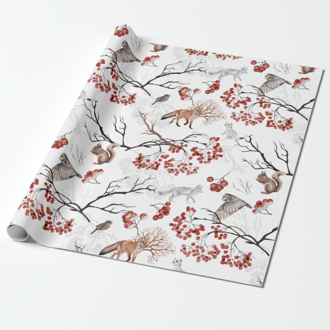 Watercolor Woodland Berries and Animals Christmas Wrapping Paper (Unrolled)