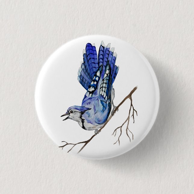 Watercolor woodland bird blue jay 3 cm round badge (Front)