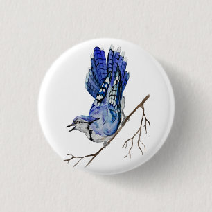 Watercolor woodland bird blue jay 3 cm round badge