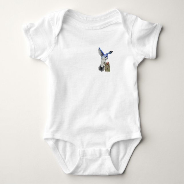 Watercolor woodland bird blue jay baby bodysuit (Front)