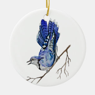 Watercolor woodland bird blue jay ceramic tree decoration