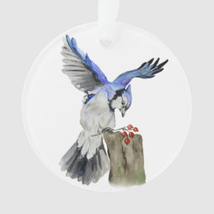 Watercolor woodland bird blue jay ornament