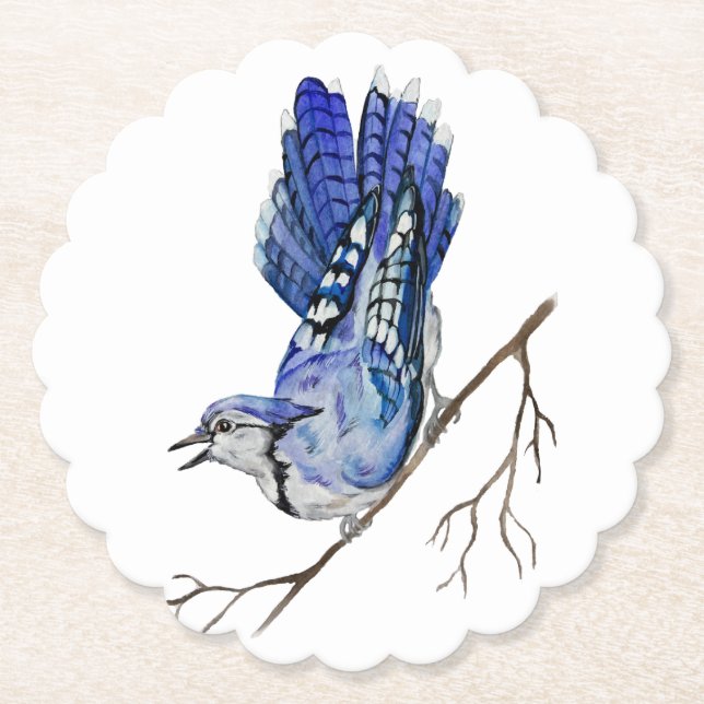 Watercolor woodland bird blue jay paper coaster (Front)