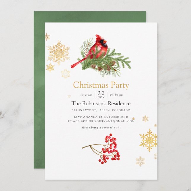 Watercolor Woodland Bird Christmas Party Invitation (Front/Back)