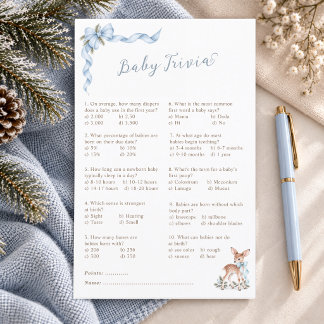 Watercolor Woodland Blue Bow Baby Shower Trivia