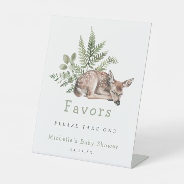 Watercolor Woodland Deer Baby Shower Favour Pedestal Sign (Front)