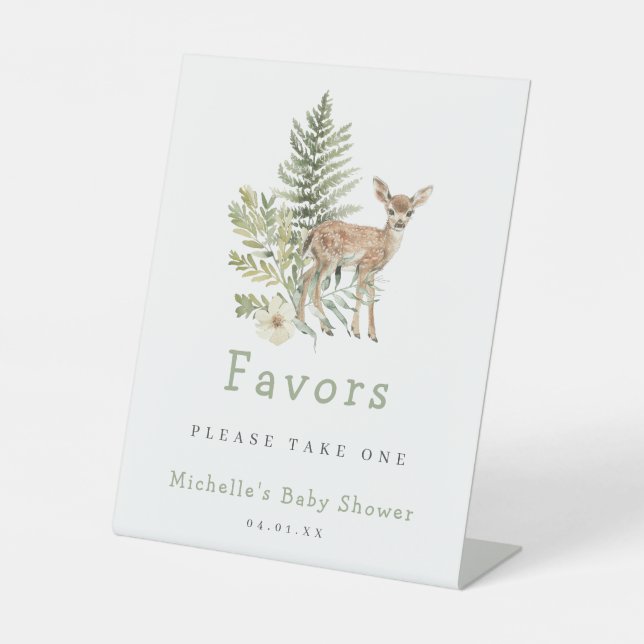 Watercolor Woodland Deer Baby Shower Favour Pedestal Sign (Front)