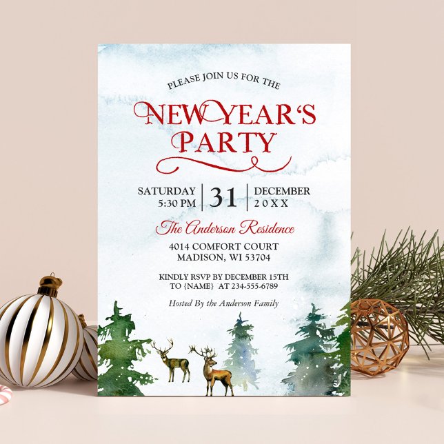 Watercolor Woodland Deer Forest New Year Party Invitation (Creator Uploaded)