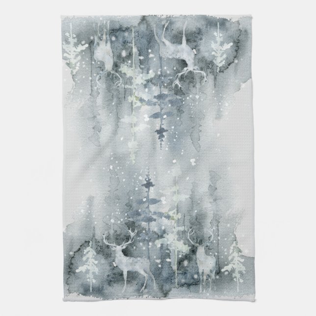 Watercolor, woodland, deer, snow, trees kitchen tea towel (Vertical)