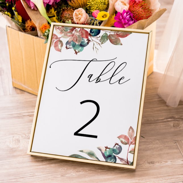 Watercolor woodland fall floral blueberry wedding table number (Creator Uploaded)