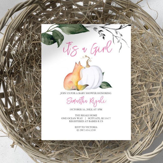 Watercolor Woodland Fall Themed Baby Shower Invitation (Autumn-themed baby shower invites woodland fox and white pumpkin girl Design by Victoria Grigaliunas)