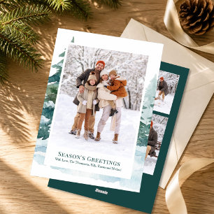 Watercolor Woodland Five Photo Family Christmas Holiday Card