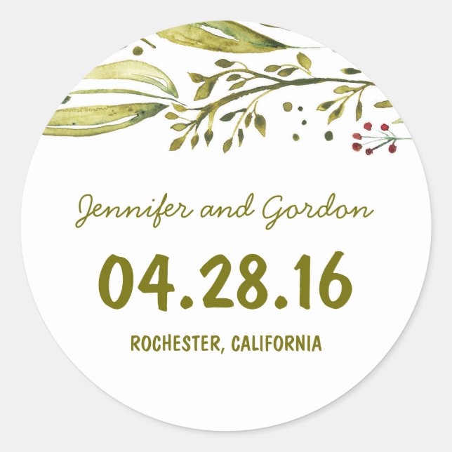 watercolor woodland floral wedding classic round sticker (Front)