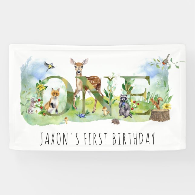 Watercolor Woodland Forest Animals 1st Birthday Banner (Horizontal)