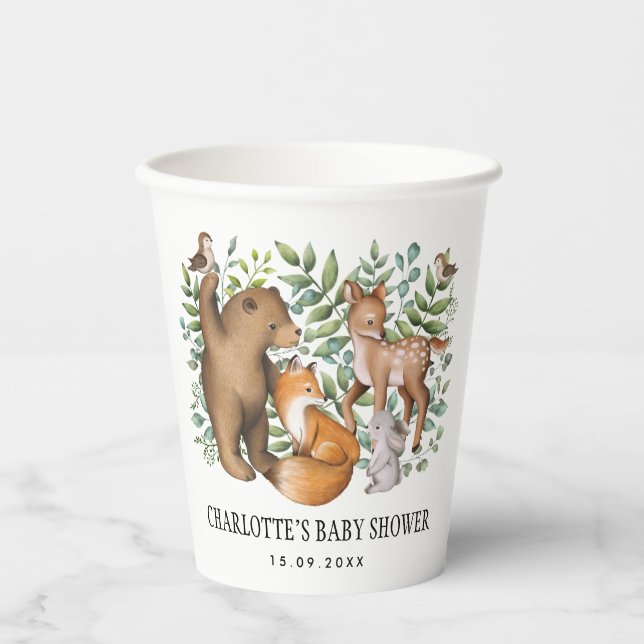 Watercolor Woodland Forest Animals Baby Shower  Paper Cups (Front)