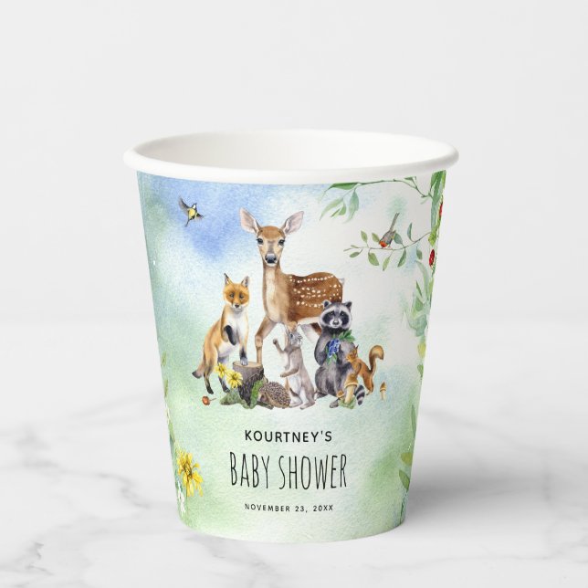 Watercolor Woodland Forest Animals Baby Shower Paper Cups (Front)