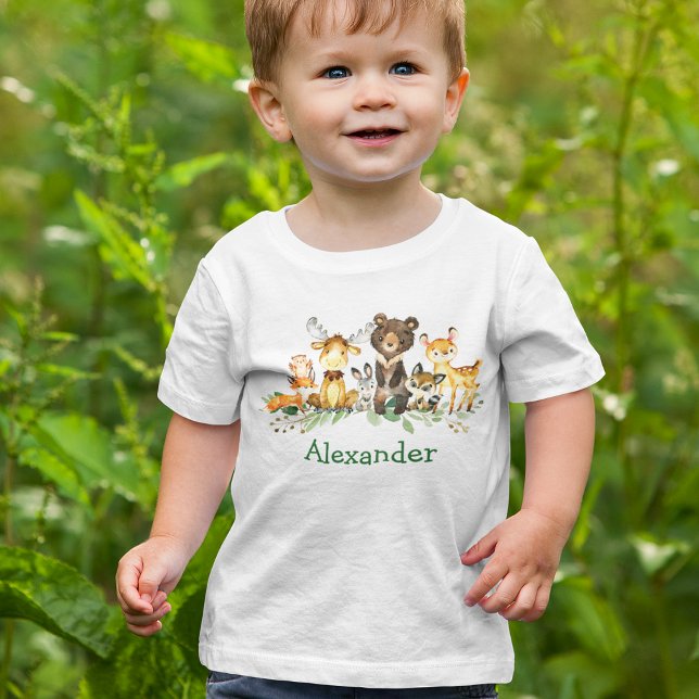 Watercolor Woodland Forest Animals Baby T-Shirt (Customize to change text color. Many sizes to choose from.)