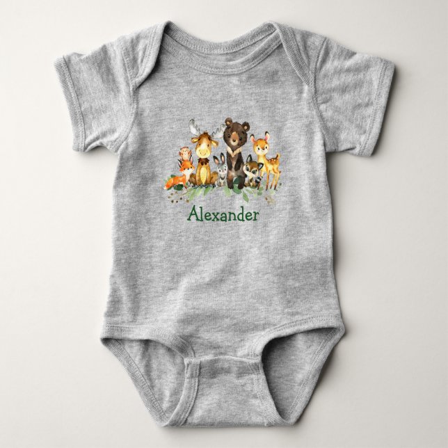 Watercolor Woodland Forest Animals Grey Baby Bodysuit (Front)