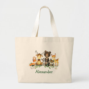 Watercolor Woodland Forest Animals Large Tote Bag